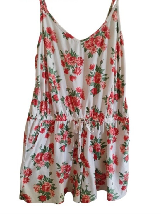 just be Pants - Floral Drawstring Romper Rose Print with side Pockets